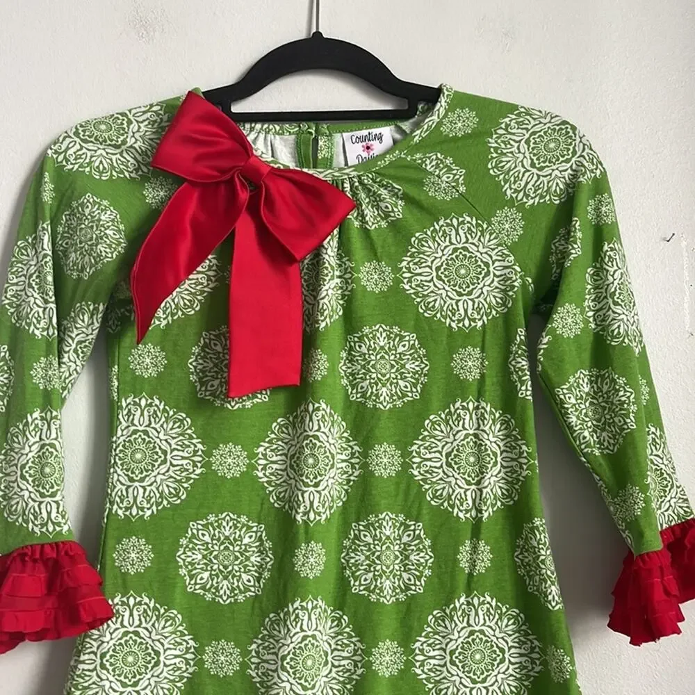 Counting Daisies mandala ruffle hem jersey knit Christmas dress sz 10